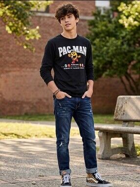 Pac-Man Black Double Printed Graphic Long Sleeve Cotton Shirt Size 14 Kids